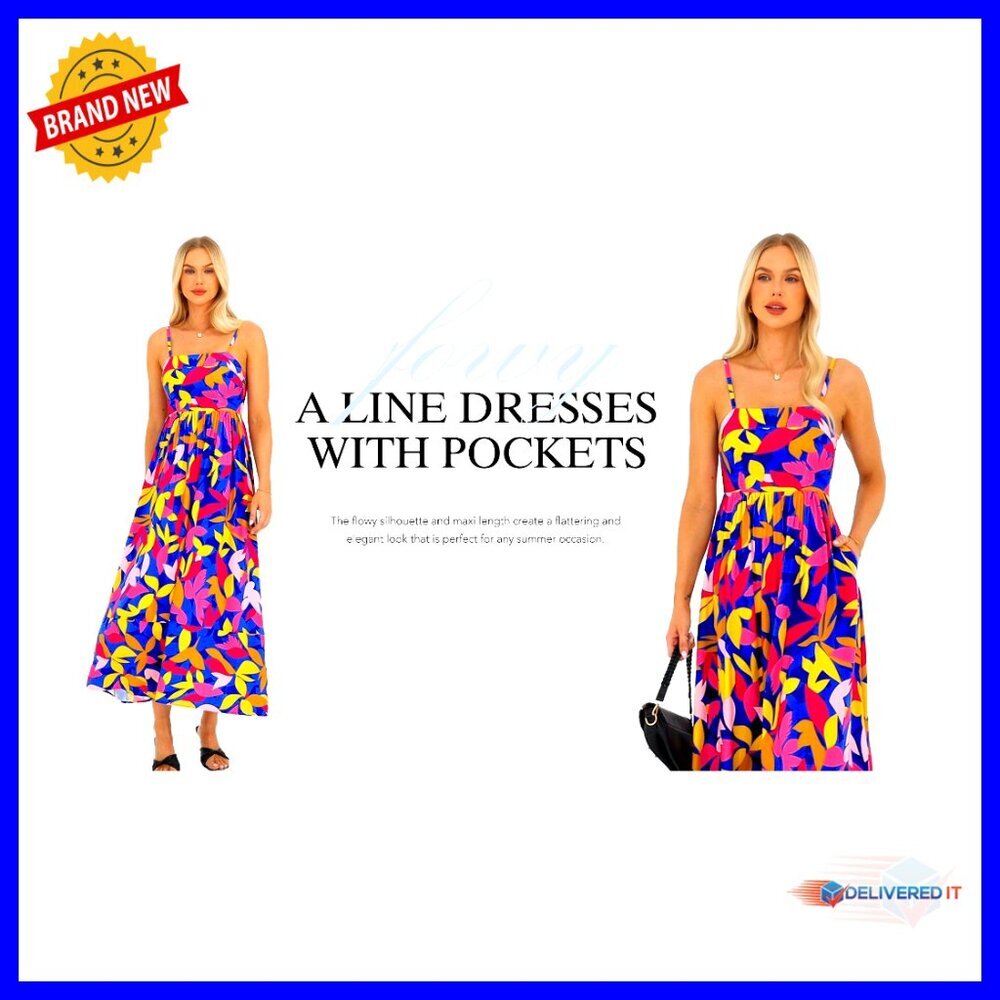 Spaghetti Strap Maxi Dress Boho Floral Striped Wedding Guest Beach Vacation - Picture 7 of 7